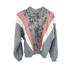 Vintage Womens Gray Gray Multicolor Floral Collared Sweater Grandmacore